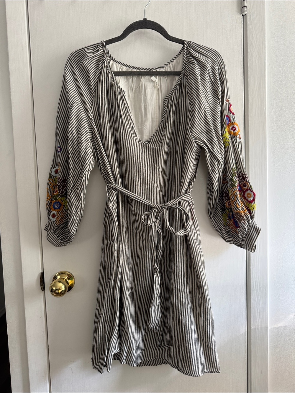 Anthropologie Black and White Striped Embroidered-Sleeve Dress